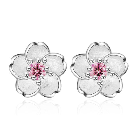 100% 925 sterling silver fashion Cherry blossoms flower crystal ladies`cute stud earrings women jewelry birthday gift cheap