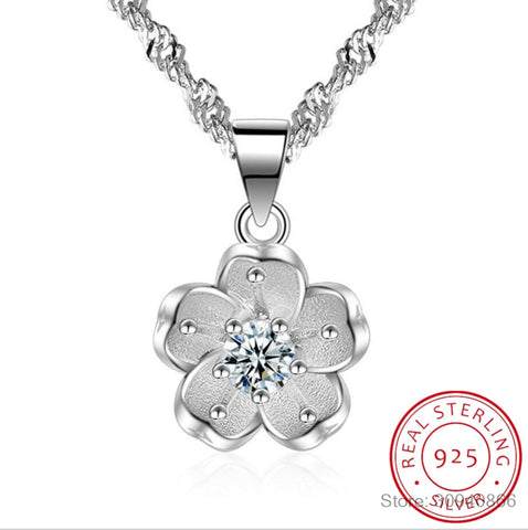 100% 925 sterling silver shiny crystal Cherry blossoms flower fashion ladies`pendant necklaces women short box chain wedding