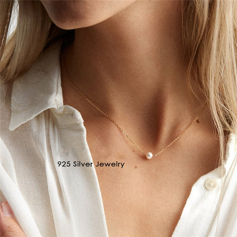 100% Pure 925 Silver Necklaces Pendants for Women Round Freshwater Pearls Necklace Fine Jewelry Office Simple Design Bijoux