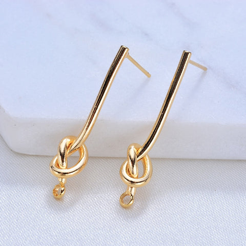 (116)4PCS 27MM 35MM 24K Gold Color Plated Brass Long Line with Knot Stud Earrings High Quality DIY Jewelry Making Findings