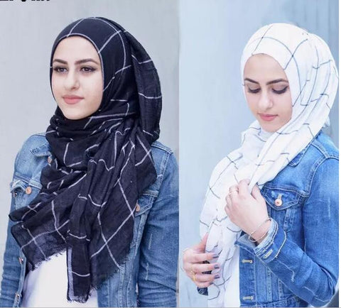 1pc Classic Plaids Tartan Cotton Voile Muslim Hijab Scarf for Ladies Long Cross Strips Double Color Islamic Hijabs Shawl Wrap
