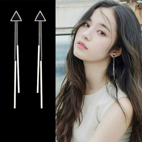 2019 Exquisite Triangle Ear Stud Long Chain Metal Tassel Dangle Drop Earrings for Women Fashion Gold Statement Party Jewelry