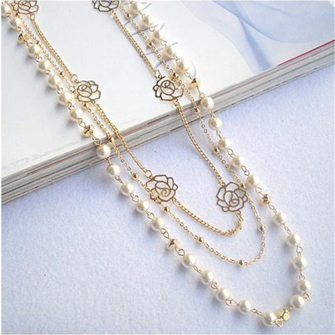 2019 Hot Fashion Multilayer Necklaces Rose Copper Beads Chain Long Statement Beaded Pearl Necklace Women Sweater Chain Jewelry