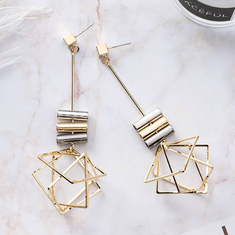 2019 New Modern Design Three-dimensional Geometric Gold Color Long Drop Earrings For Women OL Hollow Out Cubic Dangle Earring