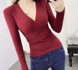 2019 New Sexy Deep V-Neck Sweater Women's Pullover Casual Slim Bottoming Sweaters Female Elastic Cotton Long Sleeve Tops