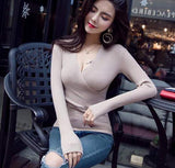 2019 New Sexy Deep V-Neck Sweater Women's Pullover Casual Slim Bottoming Sweaters Female Elastic Cotton Long Sleeve Tops