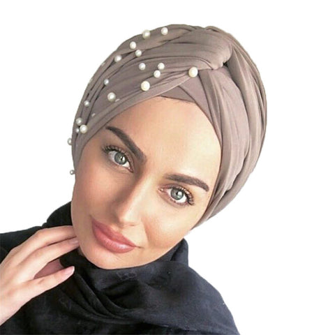 2019 New muslim Suede turban caps twist velvet pearls turban bonnet woman indian hat winter turban femme musulman headband