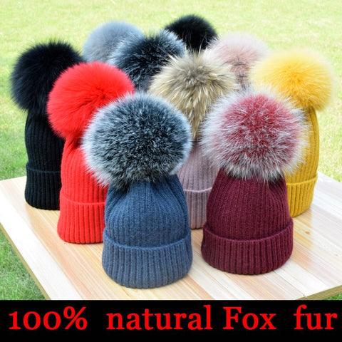2019 New winter hat luxury quality Fox fur pompom hats beanie High quality Girls women bonnet winter hats for women