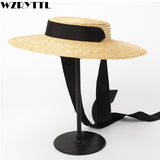 2019 Wide Brim Boater Hat 10cm 15cm Brim Straw Hat Flat Women Summer Kentucky Derby Hat White Black Ribbon Tie Sun Hat Beach Cap