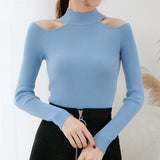 2019 Winter Women Basic Sweaters Solid Casual Cold Shoulder Pullover Jumper Autumn Turtleneck Knitted Knit Sweater Female