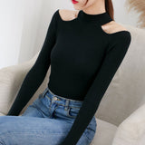 2019 Winter Women Basic Sweaters Solid Casual Cold Shoulder Pullover Jumper Autumn Turtleneck Knitted Knit Sweater Female