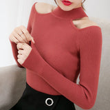 2019 Winter Women Basic Sweaters Solid Casual Cold Shoulder Pullover Jumper Autumn Turtleneck Knitted Knit Sweater Female