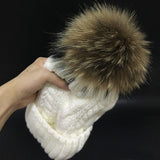 2019 Women's hats Add velvet Fleece Inside Beanies Winter Hats for women 100% Raccoon Fur Pompom Hat Female Twist pattern caps