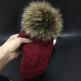 2019 Women's hats Add velvet Fleece Inside Beanies Winter Hats for women 100% Raccoon Fur Pompom Hat Female Twist pattern caps