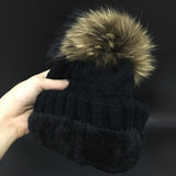 2019 Women's hats Add velvet Fleece Inside Beanies Winter Hats for women 100% Raccoon Fur Pompom Hat Female Twist pattern caps