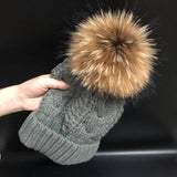 2019 Women's hats Add velvet Fleece Inside Beanies Winter Hats for women 100% Raccoon Fur Pompom Hat Female Twist pattern caps