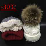 2019 Women's hats Add velvet Fleece Inside Beanies Winter Hats for women 100% Raccoon Fur Pompom Hat Female Twist pattern caps