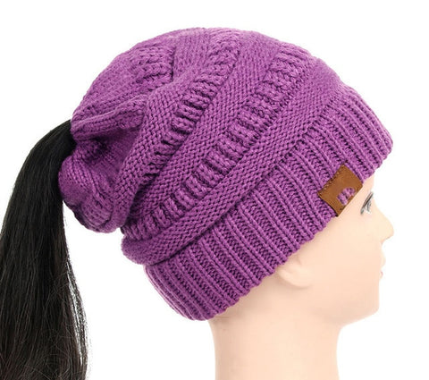 25 Colors Ponytail Beanie Women Stretch Knitted Crochet Beanies Winter Hats For Women Hats Cap Warm Lady Messy