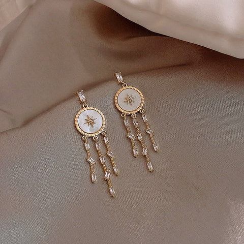 925 Silver Needle Korean Circle Shell Star Earrings for Women Rhinestone Tassel Gold Dangle Drop Earring Pendant Wedding Jewelry