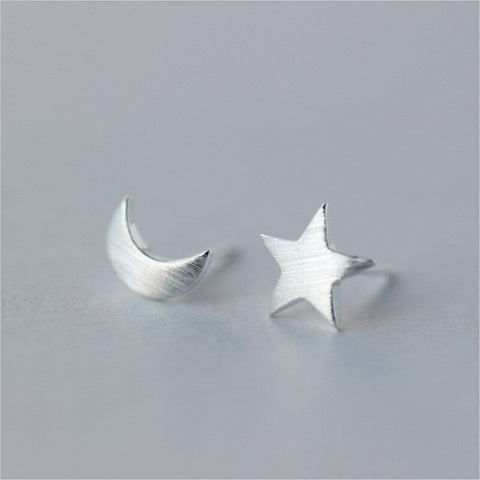 925 Sterling Silver Asymmetry Star Moon Stud Earrings For Women Girls Wedding Party Jewelry Pendientes EH882
