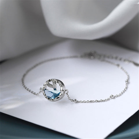 925 Sterling Silver Blue Crystal Mermaid Charm Bracelet & Bangle For Women Wedding Jewelry Gift SL125