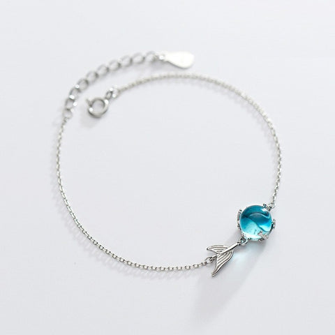 925 Sterling Silver Blue Crystal Mermaid Charm Bracelet & Bangle For Women Wedding Jewelry Gift SL368