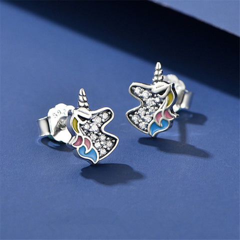 925 Sterling Silver Dazzling Unicorn Licorne Stud Earrings for Women Kids Wedding Party Sterling Silver Jewelry eh1399