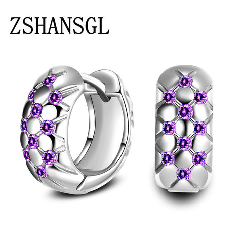 925 Sterling Silver Heart Round Purple CZ Crystal Stud Earrings for Women Girls Child Brincos Fine Jewelry Gift Bijoux aretes
