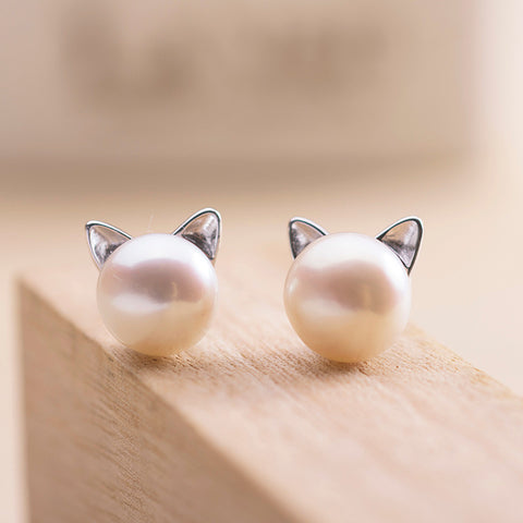 925 Sterling Silver Hypoallergenic Pearl Cat Stud Earring For Women Girls Gift  Wedding Jewelry Brincos Bijoux pendientes EH593