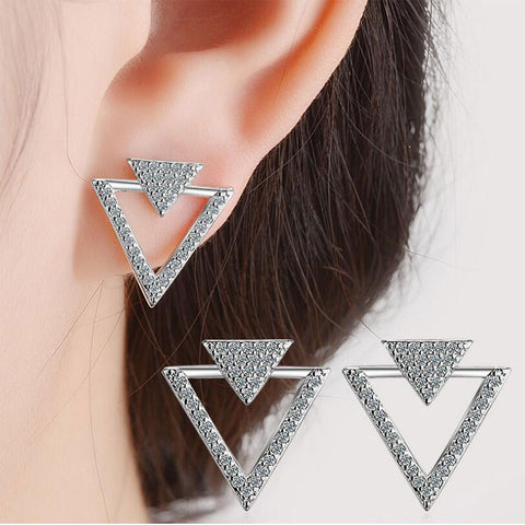 925 Sterling Silver Jewelry Shiny Zirconia Crystal Hollow Triangle Stud Earrings For Women pendientes Oorbellen