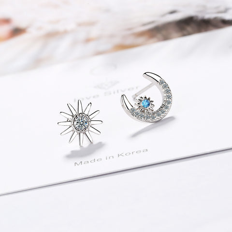 925 Sterling Silver Piercing Crystal Asymmetry Star Moon Charm Stud Earring For Women Earrings Wedding  Jewelry pendientes eh298