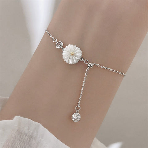 925 Sterling Silver Shell Daisy Crystal Round Charm Bracelet & Bangle For Women Wedding Jewelry Gift SL123
