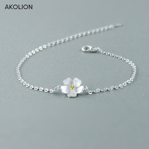 AKOLION Silver Cherry Blossoms Bracelets  925 Charm Flower Bracelets For Girl Women Fashion Jewelry