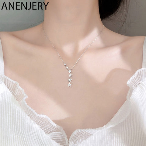 ANENJERY 925 Sterling Silver Dazzling Cubic Zirconia Star Pendant Necklace For Women Choker Wedding Jewelry S-N456