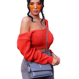 ANJAMANOR Off Shoulder Knitted Crop Sweater Women Pullover Red Pink Sexy Casual Winter Tops Woman Clothes Christmas D81-AB09