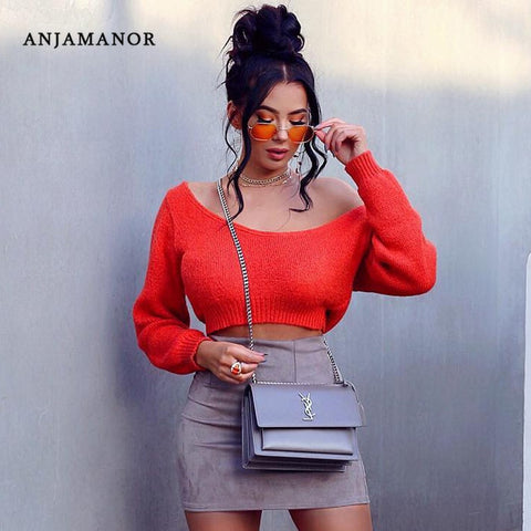 ANJAMANOR Off Shoulder Knitted Crop Sweater Women Pullover Red Pink Sexy Casual Winter Tops Woman Clothes Christmas D81-AB09