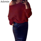 Aelorxin Autumn Off Shoulder Sweater Women 2019 Knitted Women Sweaters and Pullovers Solid Jumper Winter Christmas Sweater S-XL