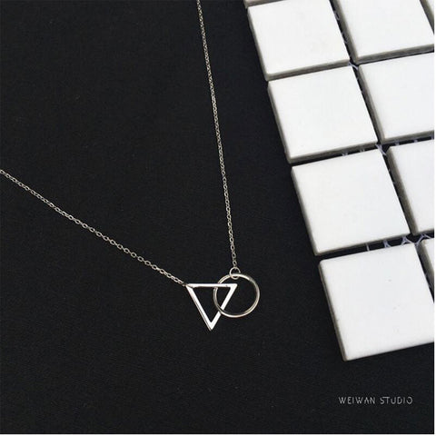 Anenjery 925 Sterling Silver Choker Necklace Minimalist Clavicle Chain Female Triangle Round Pendant Resistance To Fade S-N190