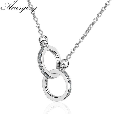 Anenjery 925 Sterling Silver Double Circle CZ Zirconia Necklaces & Pendants For Women Gift kolye choker collares bijoux S-N61