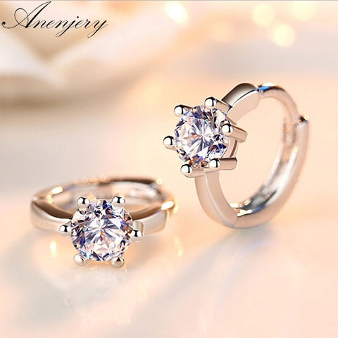 Anenjery 925 Sterling Silver Earrings Six Claw Zircon Heart Arrow Round Stud Earrings For Women Best Gift S-E184