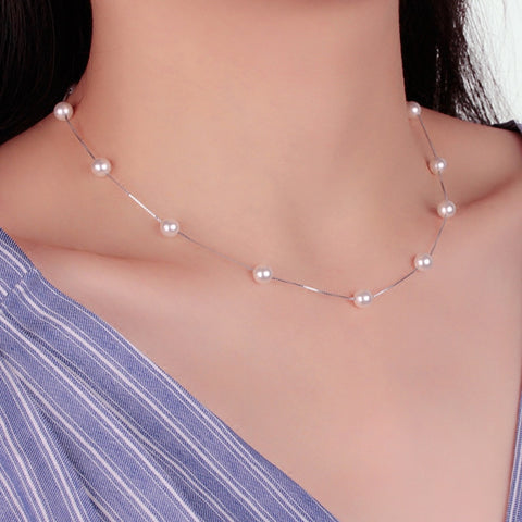 Anenjery 925 Sterling Silver Jewelry 12 PCS 6mm Pearl Box Chain Choker Necklace kolye collares bijoux femme S-N54