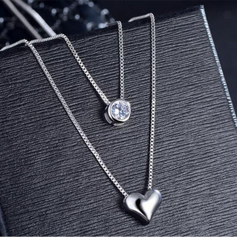 Anenjery 925 Sterling Silver Necklace Double Layer Chain Zircon Heart Pendants Necklaces For Women kolye Choker S-N157