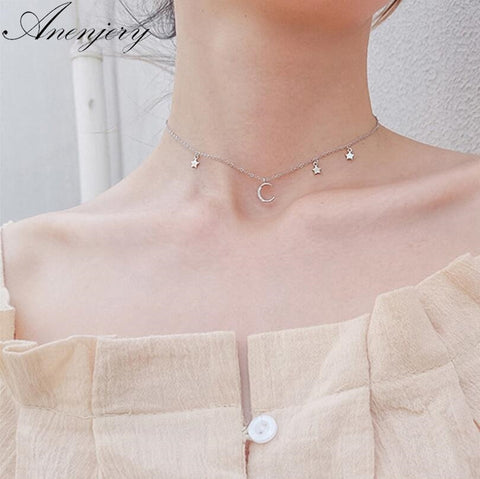 Anenjery 925 Sterling Silver Necklace Micro Zircon Moon Star Pendant Short Clavicle Necklace For Women Choker Collar S-N220