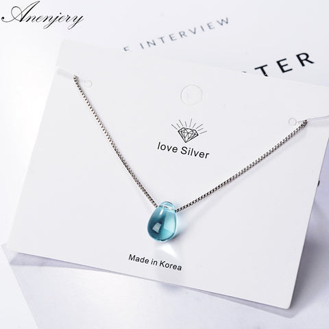 Anenjery Literary Artificial Blue Crystal  Water Drop Necklace 925 Sterling Silver Clavicle Chain Necklace For Women Girl S-N292