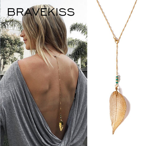 BRAVEKISS 2 Color Tassel Retro Leaf Wedding Back Necklace Love Pendant Fashion Jewelry Accessories for Women Chains BPN1335