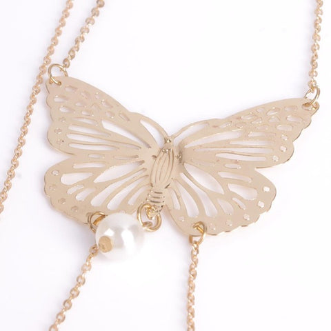 BRAVEKISS Retro Water Drop Butterfly Pearl Tassel Pendant Necklace Love Fashion Back Chain Jewelry Accessories for Women BPN1339