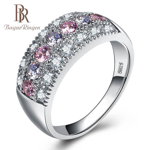 Bague Ringen Trendy Silver 925 Jewelry Gemstones Ring for Women AAA Zircon Pink Purple Bohemia Style Size5,6,7,8,9,10 Party Gift