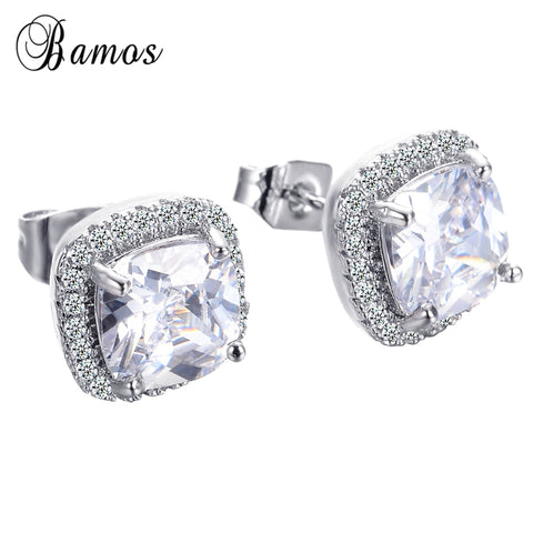 Bamos Luxury Women White Square Stud Earring With AAA Zircon 925 Silver Color Double Earrings For Women Fashion Jewelry