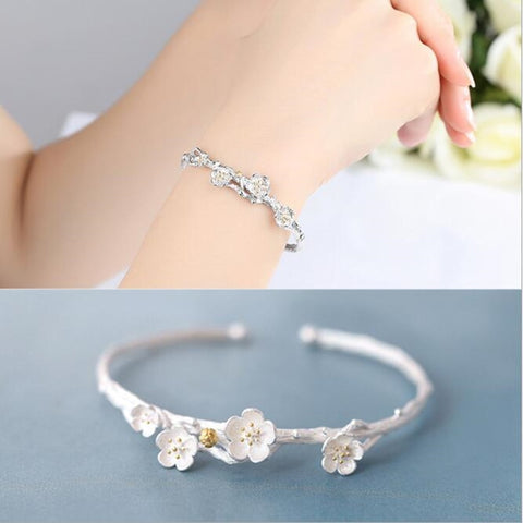 Creative Fashion 925 Sterling Silver Jewelry Exquisite Cherry Flower Blossom Branches Allergy Opening Bracelet   SB14