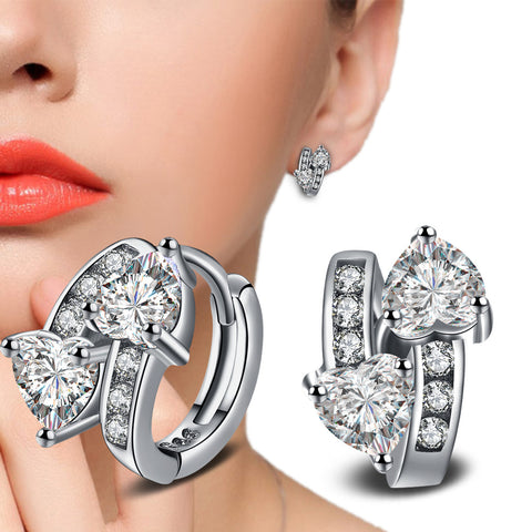 Cute 925 Sterling Silver Forever Love Double Heart AAA CZ Stud Earrings For Women Silver Earring Jewelry Lover Gift
